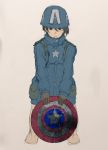  1girl captain_america cosplay highres kotoyama marvel no_pants shield short_hair solo 