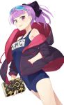  1girl book breasts dutch_angle fate/grand_order fate_(series) hayashi_kewi helena_blavatsky_(fate/grand_order) helena_blavatsky_(swimsuit_archer)_(fate) jacket looking_at_viewer name_tag open_mouth ponytail purple_hair school_swimsuit short_hair simple_background small_breasts solo swimsuit swimsuit_under_clothes violet_eyes white_background 
