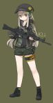  1girl ankle_socks assault_rifle belt belt_pouch black_gloves black_legwear boots brown_eyes cabbie_hat character_name daewoo_k2 dog_tags eyebrows_visible_through_hair finger_on_trigger full_body girls_frontline gloves green_background green_shirt green_shorts gun hair_between_eyes hat headphones highres jacket long_hair looking_at_viewer original platinum_blonde ran_system rifle shirt short_shorts shorts simple_background single_glove solo standing thigh_strap weapon 