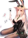  1girl absurdres animal_ears aviator_sunglasses between_breasts black_leotard blonde_hair breasts brown_legwear bunny_tail bunnysuit card detached_collar fishnet_pantyhose fishnets full_body girls_frontline green_necktie hair_flaps highres leotard long_hair m1918_bar_(girls_frontline) medium_breasts necktie pantyhose playing_card rabbit rabbit_ears simple_background sitting solo strapless strapless_leotard stuffed_animal stuffed_bunny stuffed_toy sunglasses sunglasses_on_head tail twitter_username white_background wrist_cuffs yellow_eyes yokozuwari zonekiller10 