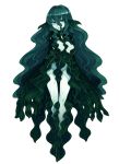  1girl :o absurdres bare_legs blush eyebrows_visible_through_hair flow_kelp full_body green green_eyes green_hair green_skin groin hair_between_eyes highres kenkou_cross long_hair looking_at_viewer monster_girl monster_girl_encyclopedia official_art open_mouth pale_skin parted_lips plant_girl simple_background solo standing very_long_hair water_drop wavy_hair wet white_background 