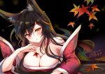  ahri animal_ears artist_name autumn_leaves bare_shoulders black_hair blush breasts cleavage dated detached_sleeves fox_ears korean_clothes large_breasts leaf league_of_legends lips long_hair s-yin slit_pupils upper_body yellow_eyes 