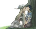  1boy 1girl black_hair blonde_hair hat kiss kuriyama lillie_(pokemon) pokemon pokemon_(anime) pokemon_sm_(anime) satoshi_(pokemon) tree 