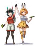  2girls :d animal_ears arm_up armpits backpack bag bare_shoulders black_gloves black_legwear bucket_hat commentary_request elbow_gloves gloves green_eyes green_hair hair_between_eyes hand_holding hat hat_feather high-waist_skirt highres holding kaban_(kemono_friends) kemono_friends looking_at_viewer multiple_girls open_mouth pantyhose pantyhose_under_shorts paper_airplane print_bowtie print_legwear print_skirt red_shirt serval_(kemono_friends) serval_ears serval_print shirt shoes short_hair shorts skirt sleeveless sleeveless_shirt smile tadano_magu thigh-highs white_shirt yellow_eyes 