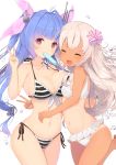  2girls asymmetrical_docking bangs bikini blue_hair blush breast_press breasts closed_eyes collarbone commentary_request dark_skin eyebrows_visible_through_hair facing_viewer food food_in_mouth front-tie_top hair_intakes hair_ribbon halterneck heart highres hug i-19_(kantai_collection) kagerou_(shadowmage) kantai_collection large_breasts long_hair looking_at_viewer mouth_hold multiple_girls navel open_mouth pink_ribbon popsicle red_eyes ribbon ro-500_(kantai_collection) side-tie_bikini simple_background small_breasts smile standing standing_on_one_leg star star-shaped_pupils striped striped_bikini swimsuit symbol-shaped_pupils tan v water_drop white_background white_bikini 