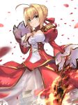  1girl aestus_estus ahoge blonde_hair breasts cleavage closed_eyes epaulettes fate/extra fate_(series) fire green_eyes hair_ribbon highres medium_breasts petals red_ribbon renka_(renkas) ribbon saber_extra short_hair simple_background smile solo sword weapon white_background wide_sleeves 