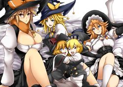  akane_(cookie) black_eyes black_gloves black_hat blonde_hair blue_eyes blush breasts brown_eyes cleavage closed_mouth cookie_(touhou) elbow_gloves eyebrows_visible_through_hair freckles gloves hat hug huge_breasts kirisame_marisa kneehighs kohaku_(cookie) large_breasts looking_at_viewer lying meguru_(cookie) on_back open_mouth parted_lips ruka_(cookie) sitting tobisawa touhou white_legwear witch_hat yuuhi_(cookie) 