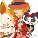  1girl auko bow braixen brown_hair closed_eyes female laughing pancham pokemon pokemon_(anime) pokemon_xy_(anime) red_bow serena_(pokemon) short_hair smile stick sunglasses sunglasses_on_head 