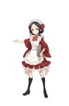 1girl apron black_boots black_hair boots eyebrows flower full_body hair_flower hair_ornament highres holding holding_tray knee_boots looking_at_viewer maid_apron maid_headdress official_art princess_principal princess_principal_game_of_mission solo standing toudou_chise tray wide_sleeves 