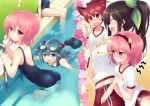  4girls alternate_costume animal_ears ass black_hair blue_eyes blue_hair blush bow breast_envy breasts cat_ears diving_mask green_bow gym_uniform hair_bobbles hair_bow hair_ornament hairband heart kaenbyou_rin kawashiro_nitori komeiji_satori large_breasts midriff minamura_haruki multiple_girls navel open_mouth pink_eyes pink_hair ponytail pool red_buruma red_eyes redhead reiuji_utsuho school_swimsuit short_hair sitting smile sweat swimming swimsuit touhou water wet wet_hair 