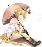  1girl bare_arms black_gloves blonde_hair boots choker dress edna_(tales) from_side frown gloves green_eyes green_ribbon hair_ribbon hinahino holding holding_umbrella knee_up leg_hug looking_at_viewer normin_(tales) ribbon ribbon_choker shadow short_dress short_hair side_ponytail sitting sleeveless sleeveless_dress solo strap_slip tales_of_(series) tales_of_zestiria umbrella white_background 