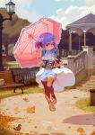  1girl alkemanubis android arm_up autumn_leaves bench blue_dress blue_hair boots brown_legwear clouds dress gloves hand_on_own_head head_wings highres lamppost leaf original outdoors red_eyes robot_joints see-through short_dress short_hair single_head_wing sky solo stairs standing standing_on_one_leg striped striped_dress thigh-highs thigh_boots tree umbrella waist_cape wind wind_lift 