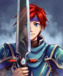  2boys armor blue_eyes cape cosplay durandal_(fire_emblem) eliwood_(fire_emblem) eliwood_(fire_emblem)_(cosplay) fire_emblem fire_emblem:_fuuin_no_tsurugi fire_emblem:_rekka_no_ken fire_emblem_heroes headband holding holding_weapon looking_at_viewer male_focus multiple_boys redhead roy_(fire_emblem) short_hair smile sword weapon 
