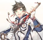  1boy :d bead_bracelet beads belt_buckle bracelet brown_hair buckle earrings feather_earrings feathers fingerless_gloves gloves gradient gradient_background green_eyes hinahino holding holding_sword holding_weapon jacket jewelry long_sleeves looking_at_viewer male_focus open_mouth sheath single_fingerless_glove smile solo sorey_(tales) sword tales_of_(series) tales_of_zestiria teeth unsheathing upper_body weapon white_gloves 