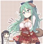  2girls alternate_costume belt black_eyes black_hair blue_eyes blush breast_hold breasts cleavage commentary_request cosplay crossed_arms elbow_gloves female_admiral_(kantai_collection) gloves green_hair hair_between_eyes hair_ornament hair_ribbon hairclip highres kantai_collection large_breasts long_hair long_sleeves multiple_girls ribbon side_ponytail standing yamakaze_(kantai_collection) yui_(seiga) 
