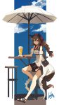  1girl alcohol animal_ears bag bangs bare_shoulders beer between_legs black_skirt blue_sky bracelet braid breasts brown_eyes brown_hair closed_mouth clouds commentary_request cup dot_nose dress drinking_glass hair_between_eyes hand_between_legs hand_on_table jewelry lansane long_hair looking_at_viewer medium_breasts outdoors parasol sandals shoulder_bag signature sitting skirt sky smile solo stool table tail tsana_(lansane) umbrella white_dress wolf_ears wolf_tail wristband 