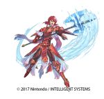  1girl armor axe fire_emblem fire_emblem:_mystery_of_the_emblem full_body gloves headband izuka_daisuke minerva_(fire_emblem) official_art open_mouth red_eyes redhead short_hair simple_background solo weapon 