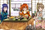  3girls :d blue_eyes blue_hair blue_kimono brown_hair cat closed_eyes day flower fur_trim green_ribbon hair_between_eyes hair_flower hair_ornament hair_ribbon highres indoors japanese_clothes kimono kotatsu kousaka_honoka long_hair looking_at_viewer love_live! love_live!_school_idol_project minami_kotori multiple_girls obi open_mouth orange_hair orange_kimono orein pink_kimono ribbon sash side_ponytail sitting smile snowing sonoda_umi striped striped_ribbon table white_flower yellow_eyes yukata 