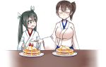  2girls bibitto brown_hair food fruit green_eyes green_hair japanese_clothes kaga_(kantai_collection) kantai_collection long_hair long_sleeves multiple_girls pancake side_ponytail stack_of_pancakes strawberry twintails zuikaku_(kantai_collection) 