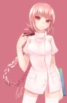  1girl braid breasts bugbook clipboard fate/extra fate/grand_order fate_(series) florence_nightingale_(fate/grand_order) gloves large_breasts long_hair nurse pink_hair red_eyes solo thigh-highs uniform white_legwear 