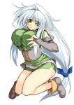  1girl breasts elbow_gloves elf gloves green_eyes hair_ribbon highres large_breasts long_hair looking_at_viewer pointy_ears rei_shabu ribbon skirt sleeveless solo white_hair 