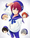 1girl 4boys ensemble_stars! hat multiple_boys narukami_arashi redhead sailor sailor_hat sakuma_ritsu salute sena_izumi_(ensemble_stars!) suou_tsukasa tsukinaga_leo violet_eyes white_background yukichi_(eikichi)