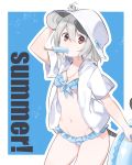  1girl akagashi_hagane animal_ears bikini bikini_skirt blue_bikini breasts cleavage cowboy_shot food grey_hair hat hood hoodie innertube jewelry looking_at_viewer mouse mouse_ears mouse_tail mouth_hold navel nazrin open_clothes open_hoodie pendant popsicle red_eyes short_hair small_breasts solo stomach sweat swimsuit tail touhou white_hat 
