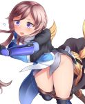  2girls ? bent_over blush brown_hair commentary_request elbow_gloves elina_lavrentieva gloves hairband highres jacket long_hair multiple_girls neit_ni_sei no_panties open_mouth original pants_pull sidelocks surprised twintails violet_eyes white_background 