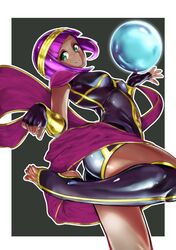  1girl bangs blunt_bangs bob_cut bokkusu breasts crystal_ball dark_skin egyptian egyptian_clothes feet fingerless_gloves full_body gloves green_eyes hairband medium_breasts menat navel navel_cutout orb purple_hair short_hair simple_background smile solo street_fighter street_fighter_v toeless_legwear vambraces white_background 