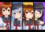  4girls absurdres akatsuki_(kantai_collection) anchor_symbol black_hair black_hat blue_eyes blue_hair blush brown_eyes brown_hair closed_mouth hair_ornament hairclip hat hibiki_(kantai_collection) highres ikazuchi_(kantai_collection) inazuma_(kantai_collection) jacy kantai_collection long_hair looking_at_viewer multiple_girls neckerchief one_eye_closed open_mouth parted_lips red_neckerchief short_hair sleeves_past_wrists sleeves_rolled_up smile violet_eyes 