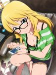  1girl ahoge barefoot black-framed_eyewear blonde_hair breasts cellphone chair cleavage commentary_request glasses green_eyes green_nails hoshii_miki idolmaster jabara_tornado long_hair nail_polish phone shirt simple_background sitting smartphone smile solo striped striped_shirt white_background 