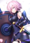  1girl ahoge armor breasts breasts_apart cowboy_shot eyebrows_visible_through_hair fate/grand_order fate_(series) hair_over_one_eye highres holding holding_shield holding_sword holding_weapon looking_at_viewer maosame medium_breasts parted_lips pink_hair sheath shield shielder_(fate/grand_order) short_hair solo standing sword unsheathing violet_eyes weapon 