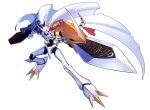  armor blue_eyes cannon cape claws clenched_hands commentary_request digimon digimon_adventure digimon_adventure_tri. fangs helmet highres holding holding_sword holding_weapon horns looking_at_viewer monster no_humans omegamon open_mouth simple_background steelleets sword weapon white_background white_cape 
