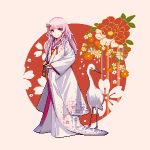  1girl bird crane_(animal) dargo full_body himeji_(oshiro_project) japanese_clothes kimono looking_at_viewer oshiro_project oshiro_project_re pink_hair pixel_art violet_eyes 