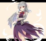  1girl bangs blush bow bowtie breasts cowboy_shot dress feathered_wings jacket kishin_sagume long_hair long_sleeves looking_at_viewer medium_breasts open_clothes open_jacket parted_lips purple_dress red_bow red_bowtie red_eyes rin_falcon silver_hair single_wing solo touhou white_wings wings 