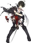  1boy armor black_hair blood blue_eyes boots coat horikawa_kunihiro injury japanese_armor kiwame_(touken_ranbu) knee_boots male_focus official_art open_clothes open_shirt pants scarf shiramine_(srmn09) shirt sword torn_clothes torn_coat torn_pants torn_scarf touken_ranbu transparent_background wakizashi weapon 