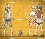  3girls african_wild_dog_(kemono_friends) african_wild_dog_ears african_wild_dog_tail animal_ears backpack bag bare_shoulders beige_hair black_bow black_bowtie black_eyes black_hair black_shorts blonde_hair boots bow bowtie brown_shoes bucket_hat clenched_hand clenched_hands closed_mouth collared_shirt commentary_request crack egyptian_art elbow_gloves from_side full_body gloves hat hat_feather high-waist_skirt highres kaban_(kemono_friends) kemono_friends kita_(7kita) legs_apart long_sleeves lucky_beast_(kemono_friends) multicolored_hair multiple_girls no_gloves no_legwear pantyhose profile red_shirt serval_(kemono_friends) serval_ears serval_print serval_tail shirt shoes short_hair short_sleeves shorts skirt sleeveless sleeveless_shirt standing striped_tail tail thigh-highs two-tone_hair white_boots white_shirt white_shoes white_shorts wing_collar yellow_background 