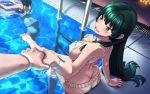  1boy 2girls ass bangs bare_arms bare_shoulders barefoot bikini blunt_bangs blush breasts butt_crack cleavage erect_nipples frilled_bikini frills green_eyes green_hair halter_top halterneck hand_holding highres innertube kezune_(i-_-i) large_breasts long_hair multiple_girls original pool shiny shiny_hair sitting soaking_feet solo_focus swimsuit water wavy_mouth wet wet_hair white_bikini wristband 