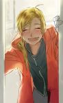  1boy alphonse_elric androgynous black_shirt blonde_hair blush closed_eyes coat door fullmetal_alchemist gloves grey_background happy long_hair male_focus noako open_mouth ponytail rain red_coat shirt simple_background smile solo_focus sunlight wet wet_clothes wet_hair 