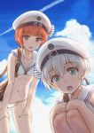  2girls aqua_eyes bangs beret bikini blue_sky blunt_bangs clouds day eyebrows_visible_through_hair flat_chest hair_between_eyes hands_on_own_knees hands_on_own_thighs hat kantai_collection looking_at_viewer multiple_girls navel open_mouth raguro red_eyes redhead sailor_bikini sailor_collar short_hair sky swimsuit white_bikini white_hair white_hat z1_leberecht_maass_(kantai_collection) z3_max_schultz_(kantai_collection) 