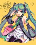  1girl :d aqua_hair commentary detached_sleeves fang green_eyes hatsune_miku heart heart-shaped_pupils long_hair looking_at_viewer necktie no&#039;mad open_mouth skirt sleeveless smile solo speech_bubble star sunglasses symbol-shaped_pupils thigh-highs twintails very_long_hair vocaloid zettai_ryouiki 