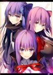  3girls bangs bb_(fate/extra_ccc) black_coat blue_bow blush bow breasts cherry_blossoms closed_mouth fate/extra fate/extra_ccc fate_(series) hair_bow highres huge_breasts kouyafu letterboxed light_smile long_hair meltlilith multiple_girls passion_lip petals purple_bow purple_hair red_bow sidelocks smile tight violet_eyes 