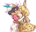  2girls animal_ears black_hair blonde_hair blush closed_eyes french_kiss hat high-waist_skirt hug kaban_(kemono_friends) kemono_friends kiss multiple_girls seki_(red_shine) serval_(kemono_friends) serval_ears serval_print serval_tail shirt short_hair skirt t-shirt tail yuri 