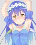  1girl armpits arms_up bangs blue_hair blush cat_teaser choker collarbone dress feathers flower hair_between_eyes hair_flower hair_ornament head_wreath highres long_hair looking_at_viewer love_live! love_live!_school_idol_project muse_loss simple_background solo sonoda_umi tears tickling yellow_eyes yume_no_tobira 