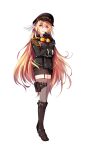  1girl black_gloves blonde_hair boots brown_boots epaulettes eyebrows_visible_through_hair formation_girls full_body gloves goggles goggles_around_neck hat heidimarie_fleuge highres hirai_yuzuki long_hair looking_at_viewer military_hat official_art peaked_cap red_eyes thigh-highs transparent_background very_long_hair zettai_ryouiki 