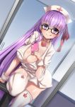  1girl :q ayuayu_(shouyu_no_sato) bb_(fate/extra_ccc) blush breasts cellphone choker cleavage fate/extra fate/extra_ccc fate/grand_order fate_(series) glasses hat long_hair looking_at_viewer mirror nurse_cap phone purple_hair reflection smartphone smile solo thigh-highs tongue tongue_out violet_eyes white_legwear 