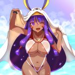  1girl ;d arm_up bangs beach blanket blunt_bangs blush bracelet breasts cleavage collarbone cowboy_shot day eyebrows_visible_through_hair fate/grand_order fate_(series) hair_tubes hand_up heart heart-shaped_pupils highres jewelry large_breasts leaning_forward long_hair looking_at_viewer low-tied_long_hair navel necklace nitocris_(fate/grand_order) nitocris_(swimsuit_assassin)_(fate) one-piece_swimsuit one_eye_closed open_mouth outdoors purple_hair smile solo swimsuit symbol-shaped_pupils thighs veil violet_eyes white_swimsuit zaxwu 