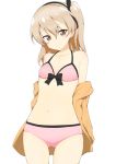  1girl bare_shoulders bikini black_bow black_hairband black_ribbon blush bow closed_mouth collarbone cowboy_shot flat_chest flat_color front-tie_bikini front-tie_top girls_und_panzer hair_between_eyes hair_ribbon hairband halterneck head_tilt jampen long_hair looking_at_viewer navel off_shoulder one_side_up open_clothes open_shirt orange_shirt pink_bikini ribbon shimada_arisu shiny shiny_hair shirt simple_background smile solo standing stomach swimsuit undressing white_background 