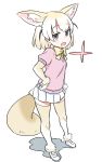  1girl :o animal_ears blonde_hair blush breasts brown_eyes cowboy_shot elbow_gloves eyebrows_visible_through_hair fennec_(kemono_friends) fox_ears fox_tail full_body gloves gluteal_fold hand_on_hip heart highres kemono_friends long_hair looking_at_viewer medium_breasts miniskirt multicolored_hair neck_ribbon pink_sweater pleated_skirt ribbon shiny shiny_skin short_sleeve_sweater simple_background skirt skirt_hold smile solo source_request standing sweat sweater tail thigh-highs white_background white_hair white_skirt yellow_gloves yellow_legwear yellow_ribbon zettai_ryouiki zk_(zk_gundan) 