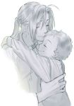  2boys alphonse_elric blush brothers edward_elric eyebrows_visible_through_hair eyelashes forehead_kiss fullmetal_alchemist greyscale happy hug kiss long_hair long_sleeves male_focus monochrome multiple_boys noako ponytail short_hair siblings simple_background smile white_background younger 